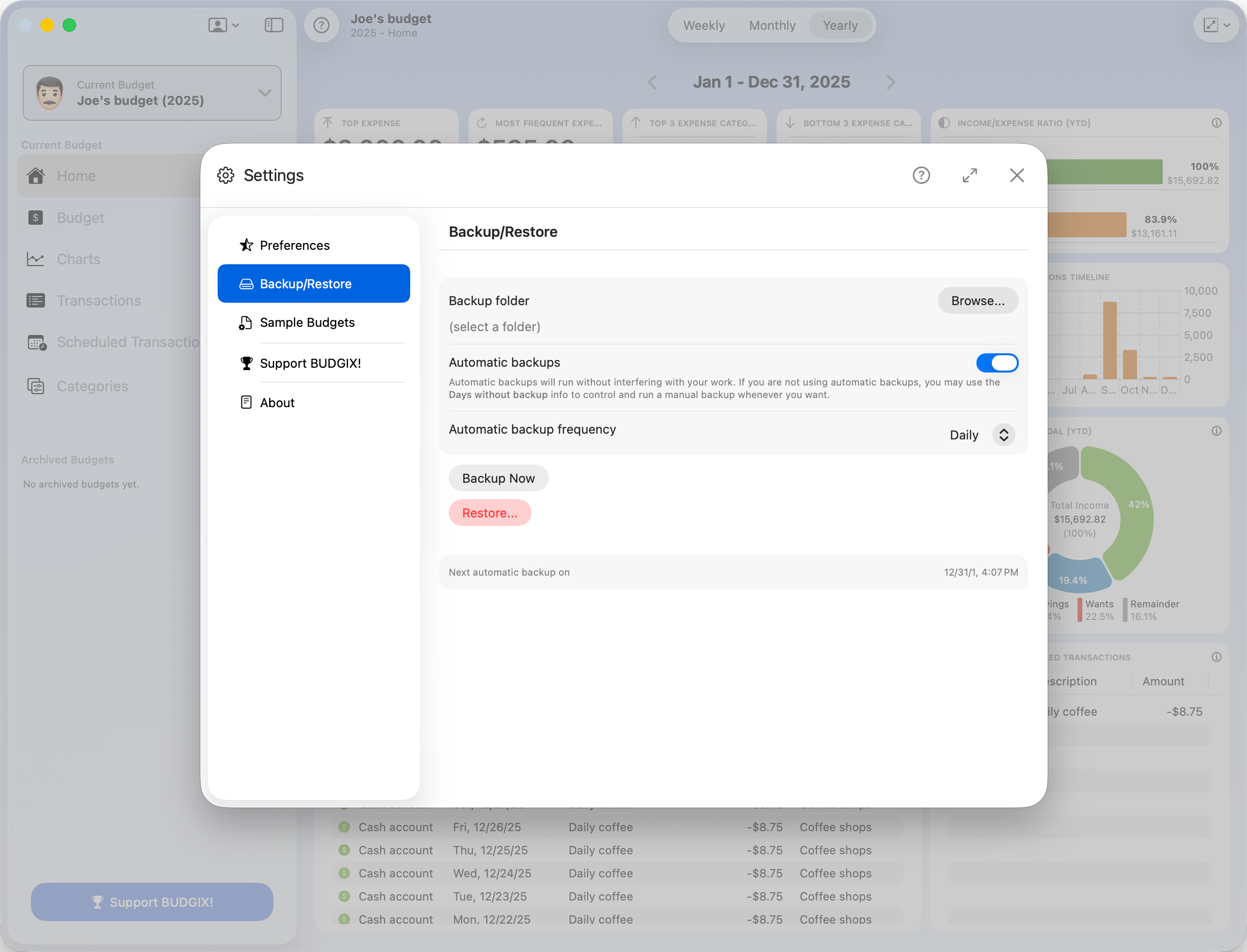 BUDGIX Settings - Backup