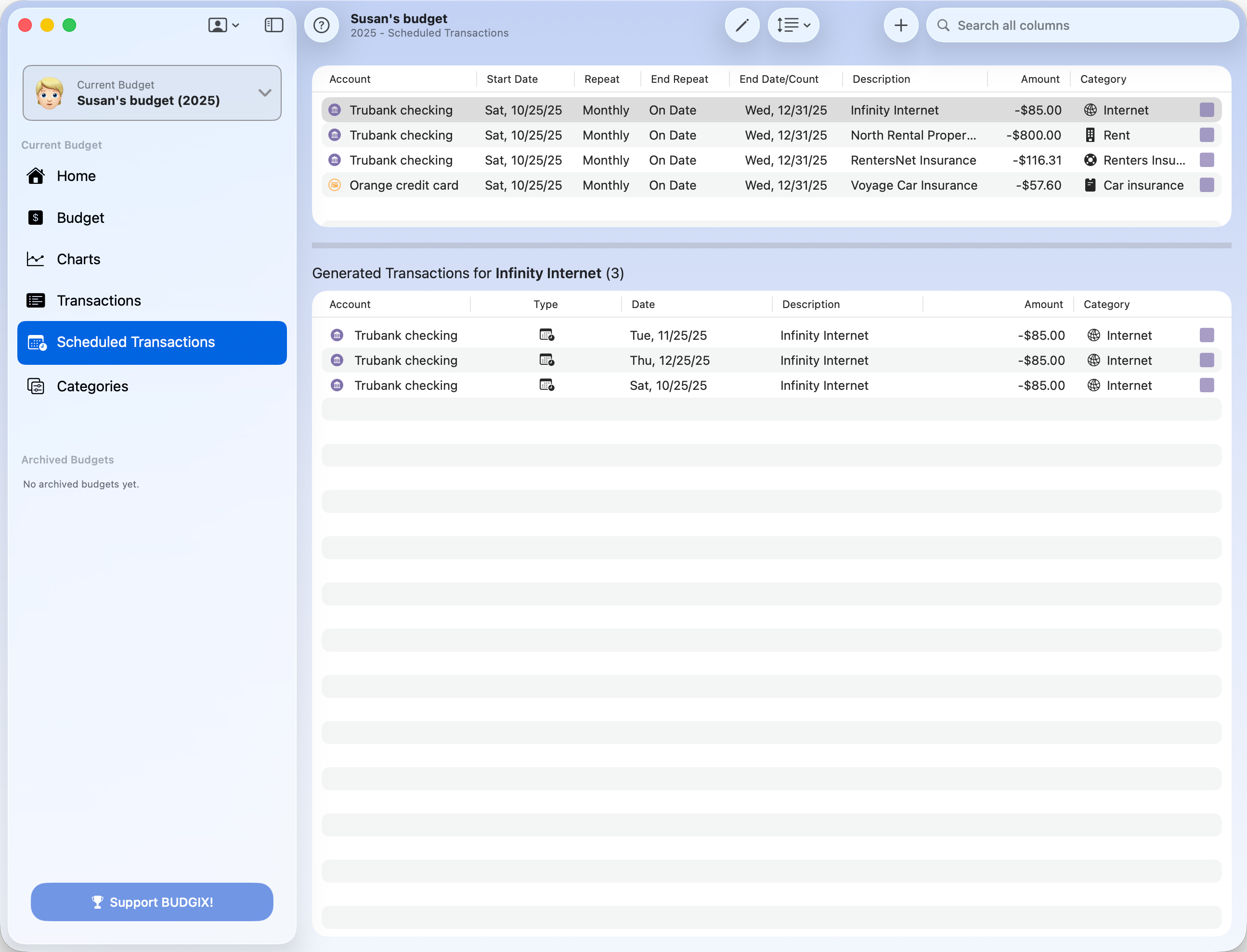 BUDGIX Scheduled Transactions