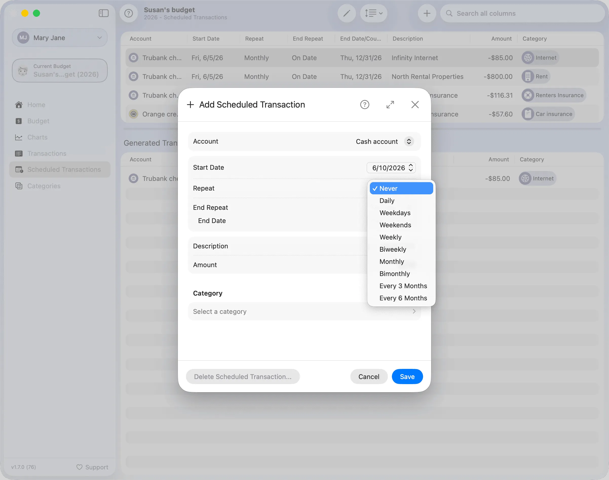 Add Scheduled Transaction - Repeat menu