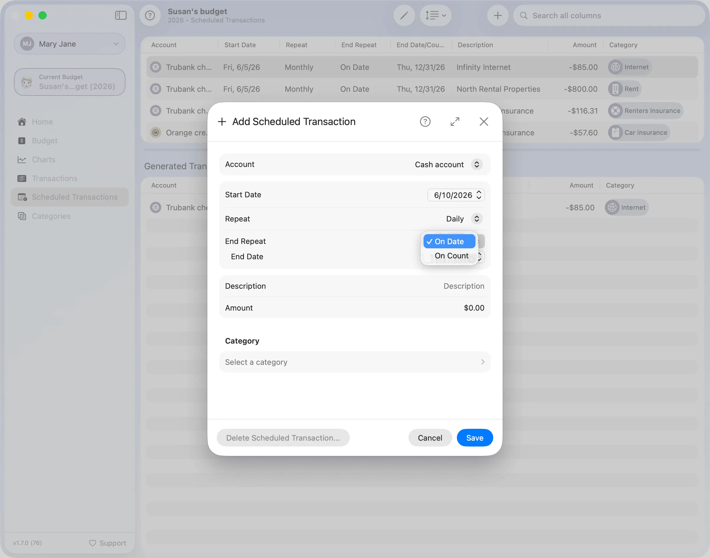 Add Scheduled Transaction - End Repeat menu